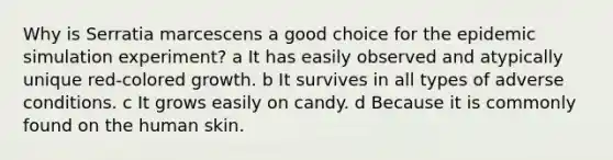 Why is Serratia marcescens a good choice for the epidemic simulation experiment? a It has easily observed and atypically unique red-colored growth. b It survives in all types of adverse conditions. c It grows easily on candy. d Because it is commonly found on the human skin.
