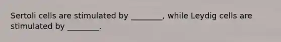 Sertoli cells are stimulated by ________, while Leydig cells are stimulated by ________.