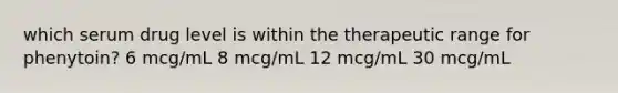 which serum drug level is within the therapeutic range for phenytoin? 6 mcg/mL 8 mcg/mL 12 mcg/mL 30 mcg/mL