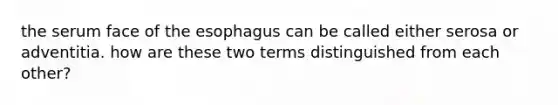 the serum face of the esophagus can be called either serosa or adventitia. how are these two terms distinguished from each other?