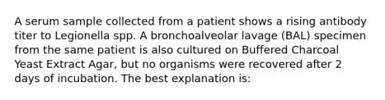 A serum sample collected from a patient shows a rising antibody titer to Legionella spp. A bronchoalveolar lavage (BAL) specimen from the same patient is also cultured on Buffered Charcoal Yeast Extract Agar, but no organisms were recovered after 2 days of incubation. The best explanation is: