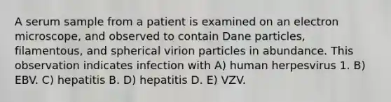 A serum sample from a patient is examined on an electron microscope, and observed to contain Dane particles, filamentous, and spherical virion particles in abundance. This observation indicates infection with A) human herpesvirus 1. B) EBV. C) hepatitis B. D) hepatitis D. E) VZV.