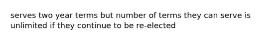 serves two year terms but number of terms they can serve is unlimited if they continue to be re-elected