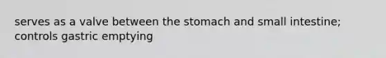 serves as a valve between <a href='https://www.questionai.com/knowledge/kLccSGjkt8-the-stomach' class='anchor-knowledge'>the stomach</a> and small intestine; controls gastric emptying