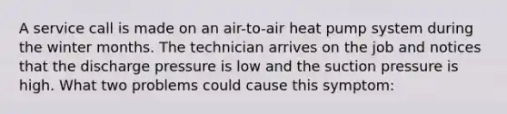 A service call is made on an air-to-air heat pump system during the winter months. The technician arrives on the job and notices that the discharge pressure is low and the suction pressure is high. What two problems could cause this symptom: