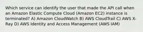 Which service can identify the user that made the API call when an Amazon Elastic Compute Cloud (Amazon EC2) instance is terminated? A) Amazon CloudWatch B) AWS CloudTrail C) AWS X-Ray D) AWS Identity and Access Management (AWS IAM)