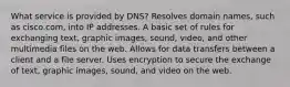 What service is provided by DNS? Resolves domain names, such as cisco.com, into IP addresses. A basic set of rules for exchanging text, graphic images, sound, video, and other multimedia files on the web. Allows for data transfers between a client and a file server. Uses encryption to secure the exchange of text, graphic images, sound, and video on the web.