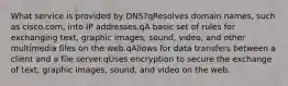 What service is provided by DNS?qResolves domain names, such as cisco.com, into IP addresses.qA basic set of rules for exchanging text, graphic images, sound, video, and other multimedia files on the web.qAllows for data transfers between a client and a file server.qUses encryption to secure the exchange of text, graphic images, sound, and video on the web.