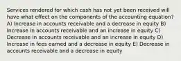 Services rendered for which cash has not yet been received will have what effect on the components of the accounting equation? A) Increase in accounts receivable and a decrease in equity B) Increase in accounts receivable and an increase in equity C) Decrease in accounts receivable and an increase in equity D) Increase in fees earned and a decrease in equity E) Decrease in accounts receivable and a decrease in equity