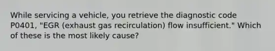 While servicing a vehicle, you retrieve the diagnostic code P0401, "EGR (exhaust gas recirculation) flow insufficient." Which of these is the most likely cause?