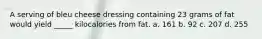 A serving of bleu cheese dressing containing 23 grams of fat would yield _____ kilocalories from fat. a. 161 b. 92 c. 207 d. 255