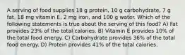 A serving of food supplies 18 g protein, 10 g carbohydrate, 7 g fat, 18 mg vitamin E, 2 mg iron, and 100 g water. Which of the following statements is true about the serving of this food? A) Fat provides 23% of the total calories. B) Vitamin E provides 10% of the total food energy. C) Carbohydrate provides 36% of the total food energy. D) Protein provides 41% of the total calories.