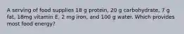 A serving of food supplies 18 g protein, 20 g carbohydrate, 7 g fat, 18mg vitamin E, 2 mg iron, and 100 g water. Which provides most food energy?