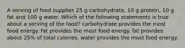 A serving of food supplies 25 g carbohydrate, 10 g protein, 10 g fat and 100 g water. Which of the following statements is true about a serving of the food? carbohydrate provides the most food energy. fat provides the most food energy. fat provides about 25% of total calories. water provides the most food energy.