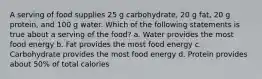 A serving of food supplies 25 g carbohydrate, 20 g fat, 20 g protein, and 100 g water. Which of the following statements is true about a serving of the food? a. Water provides the most food energy b. Fat provides the most food energy c. Carbohydrate provides the most food energy d. Protein provides about 50% of total calories