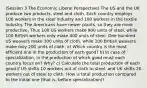 (Session 3 The Economic Liberal Perspective) The US and the UK produce two products, steel and cloth. Each country employs 100 workers in the steel industry and 100 workers in the textile industry. The Americans have newer plants, so they are more productive. Thus 100 US workers make 900 units of steel, while 100 British workers only make 400 units of steel. One hundred US weavers make 300 units of cloth, while 100 British weavers make only 200 units of cloth. a) Which country is the most efficient one in the production of each good? b) In case of specialization, in the production of which good must each country focus on? Why? c) Calculate the total production of each good if US shifts 10 workers out of cloth to steel, and UK shifts 20 workers out of steel to cloth. How is total production compared to the initial one (that is, before specialization)?