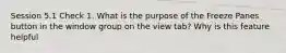 Session 5.1 Check 1. What is the purpose of the Freeze Panes button in the window group on the view tab? Why is this feature helpful