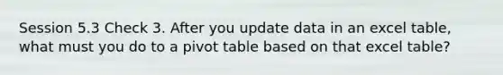 Session 5.3 Check 3. After you update data in an excel table, what must you do to a pivot table based on that excel table?