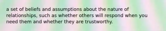 a set of beliefs and assumptions about the nature of relationships, such as whether others will respond when you need them and whether they are trustworthy.