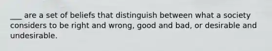 ___ are a set of beliefs that distinguish between what a society considers to be right and wrong, good and bad, or desirable and undesirable.