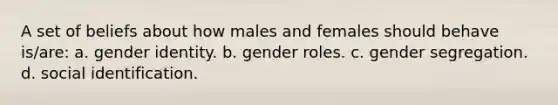 A set of beliefs about how males and females should behave is/are: a. gender identity. b. gender roles. c. gender segregation. d. social identification.