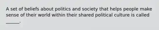 A set of beliefs about politics and society that helps people make sense of their world within their shared political culture is called ______.