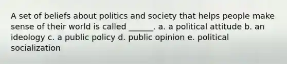 A set of beliefs about politics and society that helps people make sense of their world is called ______. a. a political attitude b. an ideology c. a public policy d. public opinion e. political socialization