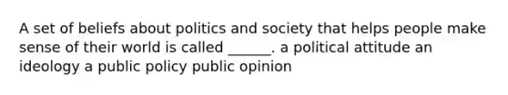 A set of beliefs about politics and society that helps people make sense of their world is called ______. a political attitude an ideology a public policy public opinion