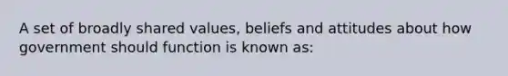 A set of broadly shared values, beliefs and attitudes about how government should function is known as: