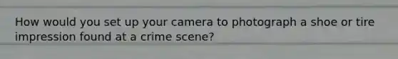 How would you set up your camera to photograph a shoe or tire impression found at a crime scene?