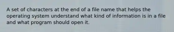 A set of characters at the end of a file name that helps the operating system understand what kind of information is in a file and what program should open it.