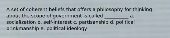 ​A set of coherent beliefs that offers a philosophy for thinking about the scope of government is called __________ a. ​socialization b. ​self-interest c. ​partisanship d. ​political brinkmanship e. ​political ideology