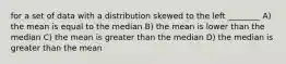 for a set of data with a distribution skewed to the left ________ A) the mean is equal to the median B) the mean is lower than the median C) the mean is greater than the median D) the median is greater than the mean