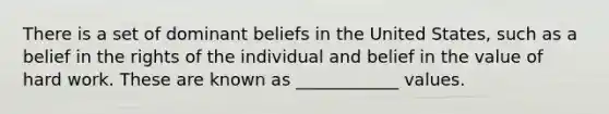 There is a set of dominant beliefs in the United States, such as a belief in the rights of the individual and belief in the value of hard work. These are known as ____________ values.