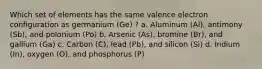 Which set of elements has the same valence electron configuration as germanium (Ge) ? a. Aluminum (Al), antimony (Sb), and polonium (Po) b. Arsenic (As), bromine (Br), and gallium (Ga) c. Carbon (C), lead (Pb), and silicon (Si) d. Indium (In), oxygen (O), and phosphorus (P)