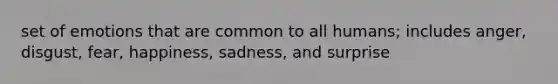 set of emotions that are common to all humans; includes anger, disgust, fear, happiness, sadness, and surprise