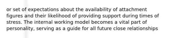 or set of expectations about the availability of attachment figures and their likelihood of providing support during times of stress. The internal working model becomes a vital part of personality, serving as a guide for all future close relationships