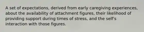 A set of expectations, derived from early caregiving experiences, about the availability of attachment figures, their likelihood of providing support during times of stress, and the self's interaction with those figures.