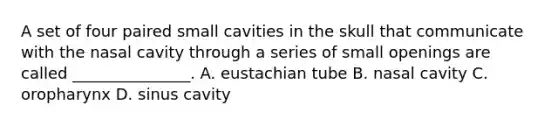 A set of four paired small cavities in the skull that communicate with the nasal cavity through a series of small openings are called _______________. A. eustachian tube B. nasal cavity C. oropharynx D. sinus cavity