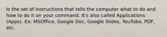 Is the set of instructions that tells the computer what to do and how to do it on your command. It's also called Applications (Apps). Ex: MSOffice, Google Doc, Google Slides, YouTube, PDF, etc.