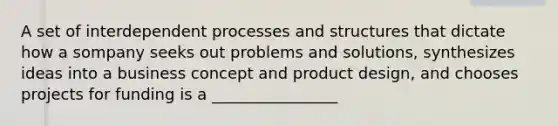 A set of interdependent processes and structures that dictate how a sompany seeks out problems and solutions, synthesizes ideas into a business concept and product design, and chooses projects for funding is a ________________