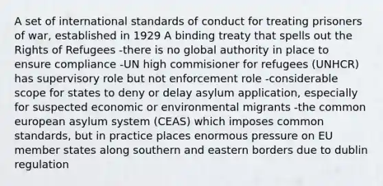 A set of international standards of conduct for treating prisoners of war, established in 1929 A binding treaty that spells out the Rights of Refugees -there is no global authority in place to ensure compliance -UN high commisioner for refugees (UNHCR) has supervisory role but not enforcement role -considerable scope for states to deny or delay asylum application, especially for suspected economic or environmental migrants -the common european asylum system (CEAS) which imposes common standards, but in practice places enormous pressure on EU member states along southern and eastern borders due to dublin regulation