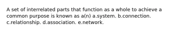 A set of interrelated parts that function as a whole to achieve a common purpose is known as a(n) a.system. b.connection. c.relationship. d.association. e.network.