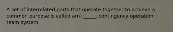 A set of interrelated parts that operate together to achieve a common purpose is called a(n) _____. contingency operation team system