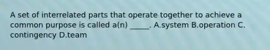 A set of interrelated parts that operate together to achieve a common purpose is called a(n) _____. A.system B.operation C. contingency D.team