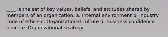 ____ is the set of key values, beliefs, and attitudes shared by members of an organization. a. Internal environment b. Industry code of ethics c. Organizational culture d. Business confidence indice e. Organizational strategy