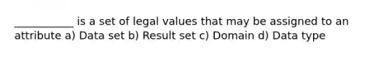 ___________ is a set of legal values that may be assigned to an attribute a) Data set b) Result set c) Domain d) Data type