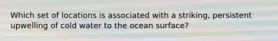 Which set of locations is associated with a striking, persistent upwelling of cold water to the ocean surface?