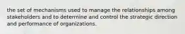 the set of mechanisms used to manage the relationships among stakeholders and to determine and control the strategic direction and performance of organizations.