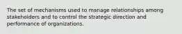 The set of mechanisms used to manage relationships among stakeholders and to control the strategic direction and performance of organizations.